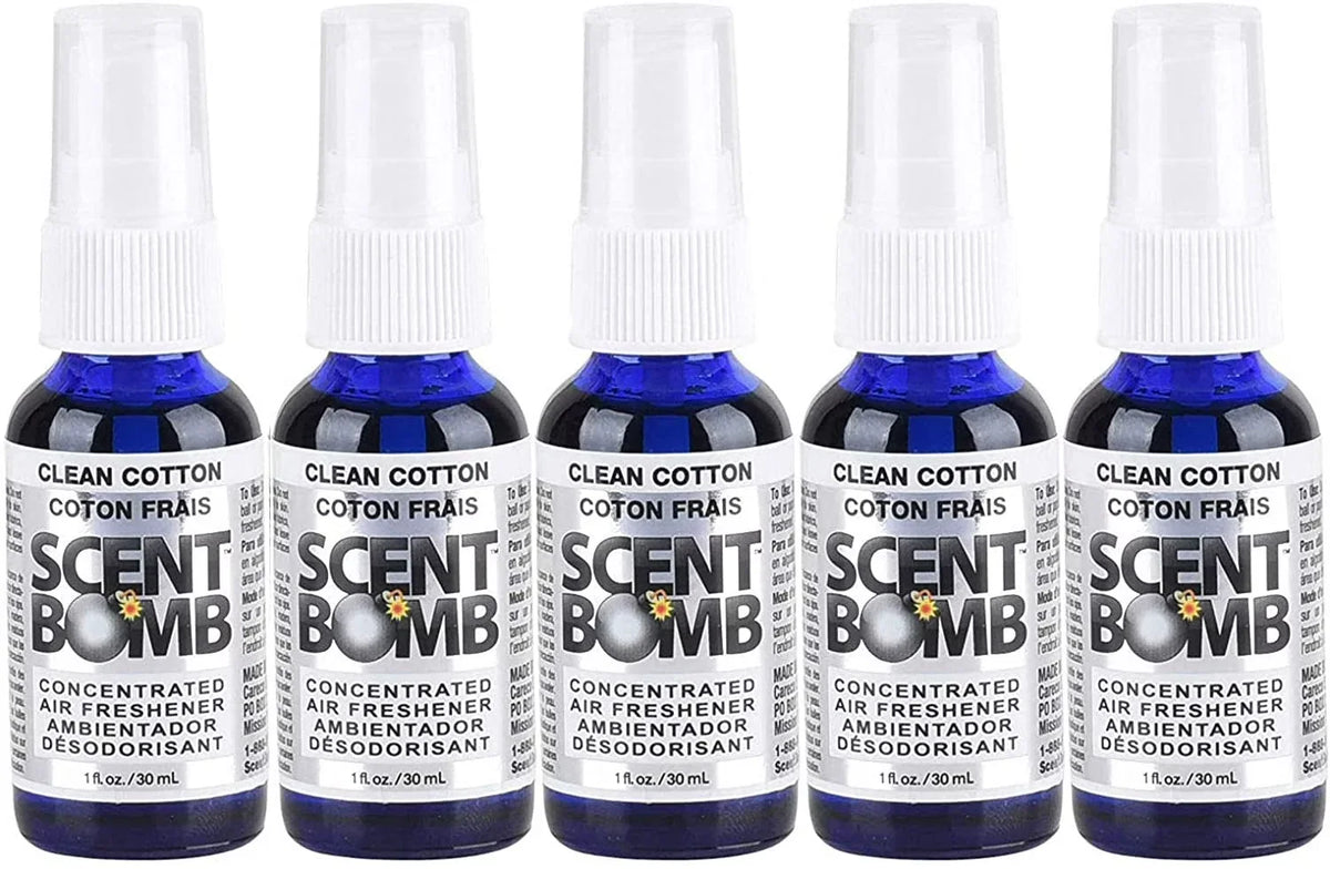 Scent Bomb Air Freshener Spray, 100 % Oil Based Concentrated Air Freshener, Air Freshener Spray for Car, Room, Bathroom and Odor Eliminator, Clean Cotton, 5 Pack